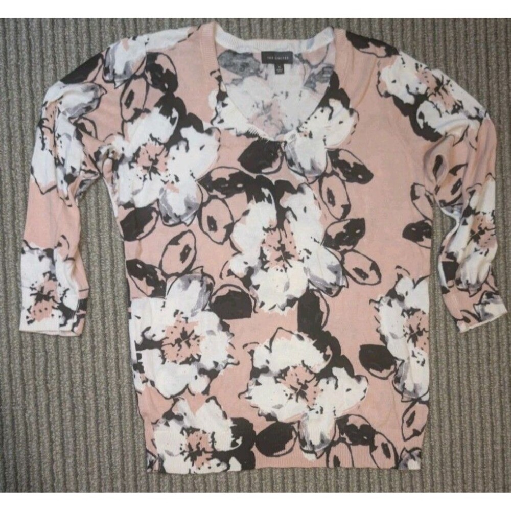 The Limited Floral V-Neck Sweater Pink Black White 3/4 Sleeve Size M